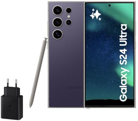 Samsung Galaxy S24 Ultra y Cargador 45W, Teléfono Móvil con IA, Smartphone Android, 12 GB RAM, 256 GB Almacenamiento, Cámara 200MP, S Pen, Batería Larga Duración, Violeta Titanium (Versión Española)