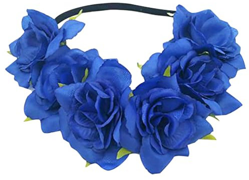 Couronne de fleurs de rose - Couronne de cheveux élastique - Bandeau floral pour mariée - Festival - Photographie - Bandeau floral pour femmes et filles - Bleu