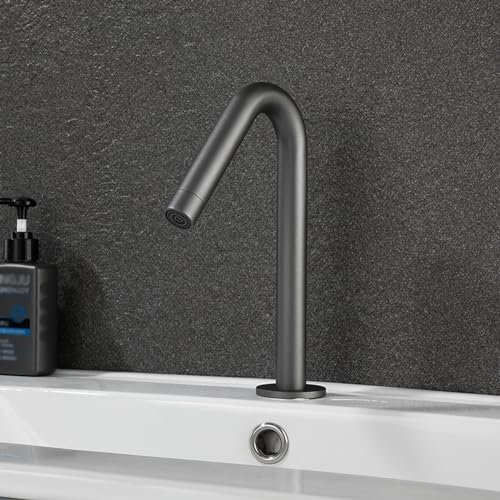 XJTNLB Rubinetto con Sensore Bagno Rubinetti Bagno Caldo Freddo Rubinetto Infrarossi Lavabo Rubinetto Automatico a Batteria Miscelatore Bagno,Grigio,Basso