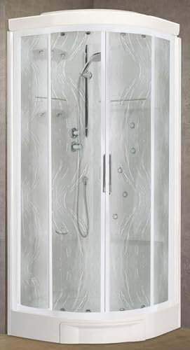 Novellini New Holiday R90 Hammam 90 x 90 cm Cabine de douche multifonction semi-circulaire 2 portes coulissantes angle mélangeur mécanique verre Aqua profil blanc hydromassage sauna tige hauteur 225,5