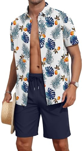AIYINO Hawaiiansk skjorta set sommar personliga shiteshirts outfit tropiska knappar ner toppar strand semester skjortor, Vitt blått blad, XXL