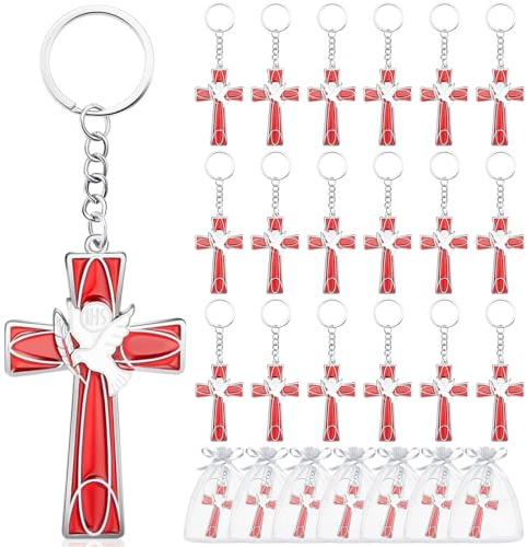 Quelay Paquete de 24 llaveros con cruz de paloma, llavero religioso para confirmación, regalos de fiesta