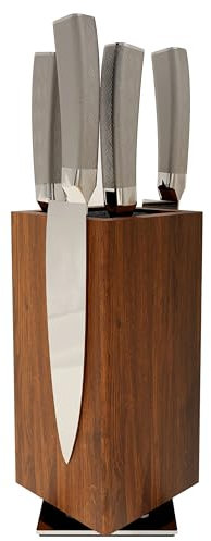 Brosisincorp 360° Rotating Magnetic Knife Block without Knives - Universal Holder for Counter Top with Removable Bristles, Acacia Wood