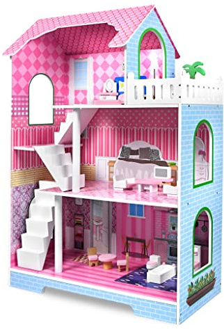 FIVMEN Maison de poupée en bois à 3 étages avec meubles et divers accessoires pour grandes poupées Jouet pour filles à partir de 3 ans, 70 x 30 x 100 cm