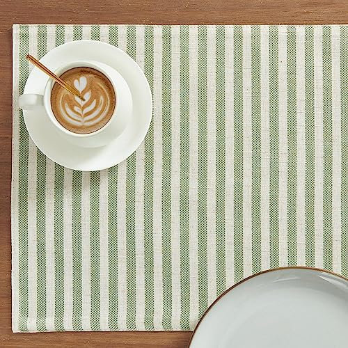 TOPICK Place Mats for Table Linen Blend mats Set of 4 Striped Placemats Durable Textured Soft Washable Placemats for Kitchen Dining Table Double Layer Tablemats 13x19 Inch Green