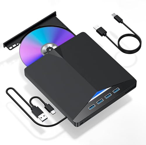 C&N Unità CD DVD esterna USB 7 in 1 con 4 porte USB e 2 slot per schede TF/SD, lettore CD/DVD portatile USB 3.0, masterizzatore per laptop, Mac, PC, Windows 11/10/8/7 Linux OS