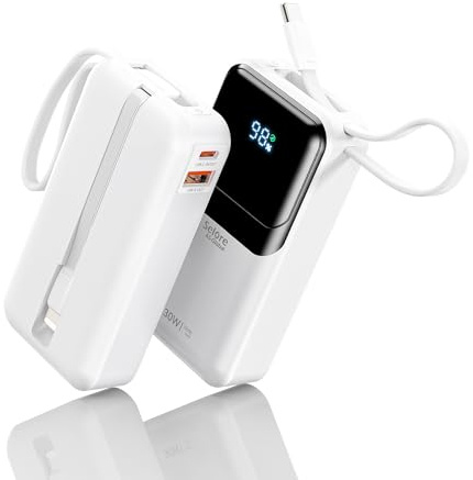 Selore&S-Global Power Bank, 10000mAh 30W Bateria Externa Carga Rapida, USB C Cargador Portátil con Cable Integrado, 4 Outputs Powerbank Compatible con iPhone 17 16 15 14 13 Samsung iPad MacBook Air