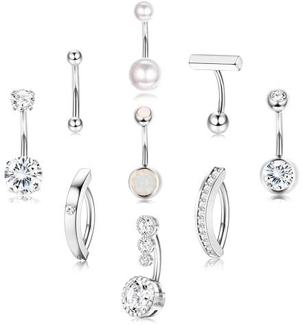 Morfetto 9 Pièces Piercings Nombril en Acier Chirurgical 316L - Couleurs Argenté,Piercing Nombril Hypoallergénique Anneau 14G,CZ Perle Clicker Percing au Nombril Bijoux pour Femmes 12mm