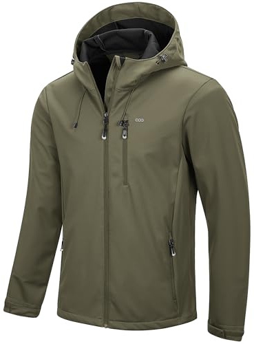 33,000ft Herren Softshelljacke Wasserbeständige Winddichte Funktionsjacke Atmungsaktive Übergangsjacke Leichte Fahhradjacke mit Kapuze Ohne Fleecefutter Olivgrün L
