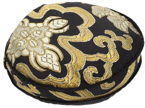 Klangschalenkissen Rund aus Baumwollstoff Schwarz für Klangschale | Klangschale Tibetisch, Leichtes Rundes Kissen mit Traditionellem Muster, für Tempelschale und Buddhaklangschale