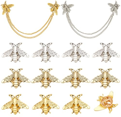 WEBEEDY 14 Pcs 5 Styles Biene Brosche Pins für Frauen Männer, Vintage Biene Pin Legierung Biene Revers Pins Kette Broschen Dekorative Pins für Kleidung Pullover Anzug Zubehör