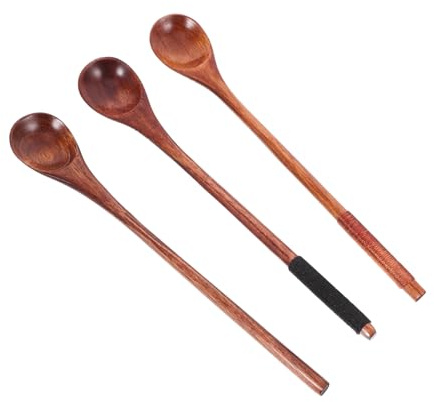 Cabilock Juego De 3 Cucharas De Madera Natural Para Té y Café, Cucharillas De Miel Mango Largo, Cucharas Para Remover Bebidas Calientes, Accesorios Para Té y Cocina, Diseño Artesanal