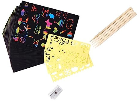 Toyvian Interaktives Kratzpapier-kunstset Für Kinder 50 Blatt Schwarzes Kratzpapier 4 Schablonen 5 Stifte Bleistiftspitzer