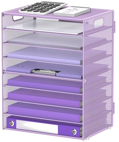 SUPEASY Organisateur de bureau à 9 niveaux avec poignées, porte-documents en treillis, organisateur de papier pour bureau, maison, école, violet