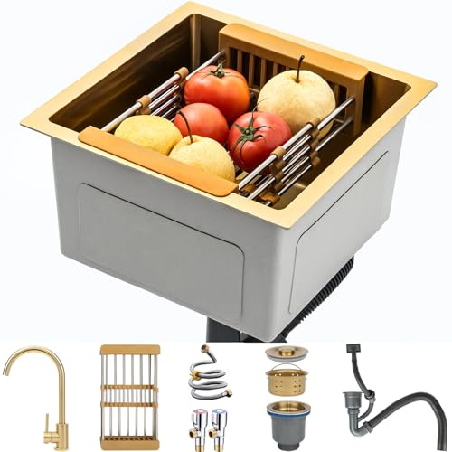 Évier de cuisine 38 x 38 cm, évier doré en acier inoxydable 201, avec égouttoir et siphon