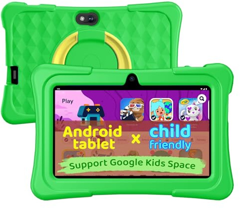 Tablet per bambini, 7 pollici, Android 15, 8 GB+32 GB, 1 TB espandibile, quad-core, con custodia antiurto, BT5.0, WiFi 5, controllo genitori, giochi, doppia fotocamera (verde)
