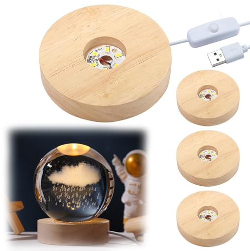 mumisuto 4 Pcs Wooden LED Light Base, Wooden Light Stand Base, LED Lights Display Base USB Sphere Holder Crystal Glass Light Base Stand Wood LED Display Stand (Warm light)
