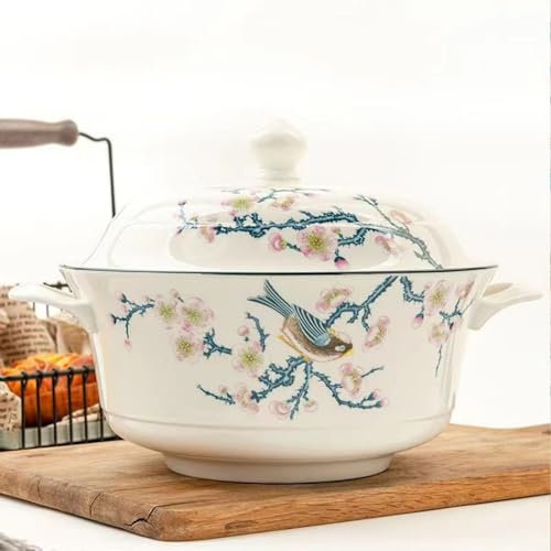 Elegante juego de cuencos de sopa de porcelana china con tapa, 2700 ml, grande de cerámica para fiestas y entretenimiento, apto para microondas y horno, plato decorativo de porcelana para servir