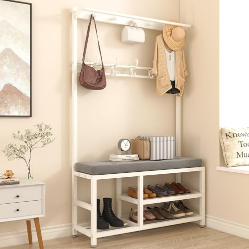 Fakednss Entryway Coat Rack Shoe Bench, 4 In 1 Hall Tree with Shoe Rack and Hooks for Umbrella Holder Entryway Bench Top Shelf Accent Furniture Carbon Steel Frame (White, 90 * 33 * 170cm)