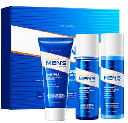 Set per la cura della pelle da uomo, 3 pezzi, kit quotidiano essenziale per la cura della pelle, controllo dell'olio e routine idratante con detergente, toner e lozione, per pelle ruvida, secca e