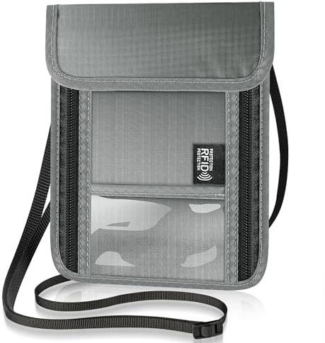 Likesing Brustbeutel Brusttasche, Unisex Reisegeldbeutel mit RFID Schutz, Wasserdicht Umhängebeutel Handytasche Anti-Diebstahl Reisepass Tasche für Reisepass Kreditkarten Smartphone Münzen Geld Grau