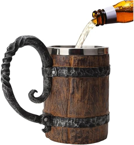 Holzimitat-Fass Edelstahl Bierkrug, Handgemachtes Holzfass Bierkrug aus Edelstahl Doppelwandig, Carving Bierkrug Fass Retro Krug für Bar Restaurant, Geschenk für Männer