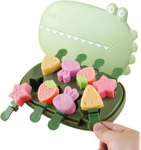 Lengxue Moule à glace en silicone, forme de lapin, fleur de dessin animé, mini moule réutilisable avec couvercle et bâtonnet, facile à démouler, sans BPA (Crocodile vert)