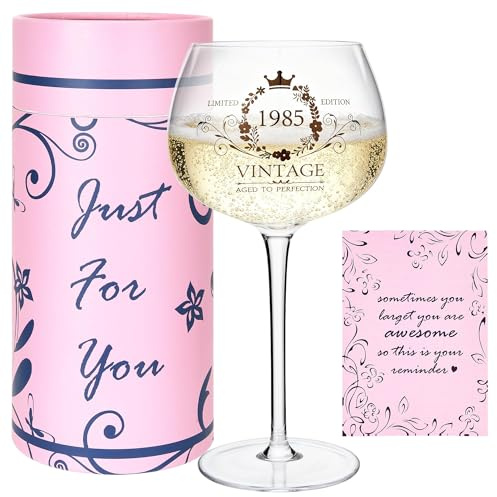 Rilcn 41st Birthday Gifts for Women – Vintage 1985 Wine Glass & Keyring Set, Personalized Birthday Present for Mom, Sister, Daughter, Wife – Elegant 41st Celebration Gift