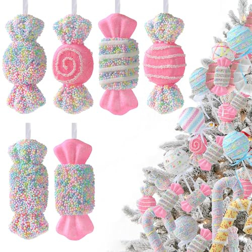 6 Pcs Large Christmas Tree Ornaments 6’’ Candy Land Xmas Swirl Candy Lollipop Foam Hanging Ornament Pink Christmas Tree Pendants for Xmas Birthday Party Wedding Indoor Holiday Home Decorations