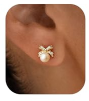 PRTGL Gold Earrings: 14ct Gold Plated Dainty Cute Shiny Zircon Bow Pearl Drop Stud Earrings for Women
