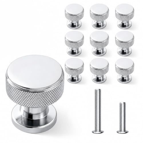 10 Pack Knurled Cabinet Knobs, Modern Minimalist Aluminum Handles for Drawers, with 2 Sizes Screws, Single-Hole Circular, for Bedside Table, Wardrobe Door, Cabinet Drawer, Kitchen Cabinet (Nickel)