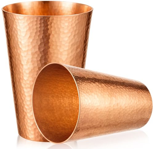 Willinglong 2 Pcs Pure Copper Tumblers 18.5 oz Handcrafted Hammered Copper Cups, Ayurvedic Drinking Vessel for Family Health Water, Cocktails, Iced Tea Glasses