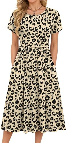 MOLERANI Women's Dresses - Petal Short Sleeve Round Neck Casual Dresses Ladies Casual Swing Midi Dress Holiday Beach Dress with Pockets Leopard M