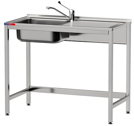 GASFRIT Fregadero Industrial Acero Inoxidable, 1 Seno con Escurridor, 1000x500x850 mm, Acabado Pulido Satinado, Ideal Hostelería y Cocina Profesional (Monomando Codo, Seno Izquierda)