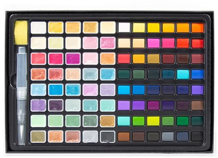 Set de peinture aquarelle 88 couleurs Approvisionnements artistiques professionnels Comprenant 40 nacrées et 48 fluorescentes avec Stylo-pinceau Éponge pour Artistes Débutants Étudiants Adultes Dessin