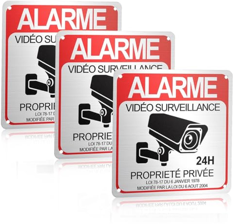 NOPVUFA 3 Piezas Cartel Videovigilancia Exterior Interior 15x15 cm 24 Horas Aluminio Placa Propiedad Privada Impermeable con Adhesivo y Huecos Preperforados