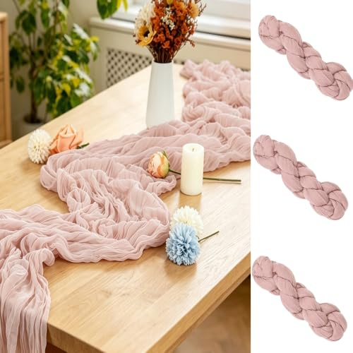 RNPKZ Lot de 3 Chemins de Table en Étamine, 90 x 300 cm Chemin de Table Rose et Romantique, Table Bohème en Gaze, pour Mariages Festivals Remises de Diplôme Dîners Fêtes en Plein Air, Rose Vintage