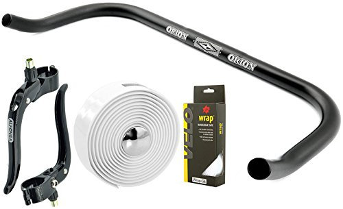 Permanent-Fahrrad Bullhorn Fixie Single Speed Vélo de course Triathlon Guidon Noir 440 mm avec levier de frein et bande de guidon blanche