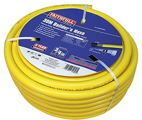 Faithfull Heavy-Duty Reinforced PVC Builders Hose 30M (98ft) 19mm (3/4in) Diameter – 24 Braid Fibre Mesh, Kink & Twist Resistant Hose Pipe