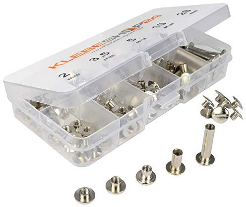 Klebeshop24 Buchschrauben Set | Sortimentsbox mit 5 verschiedenen Größen | 2 bis 20 mm Füllhöhe | Verschiedene Ausführungen / (Vernickelt)