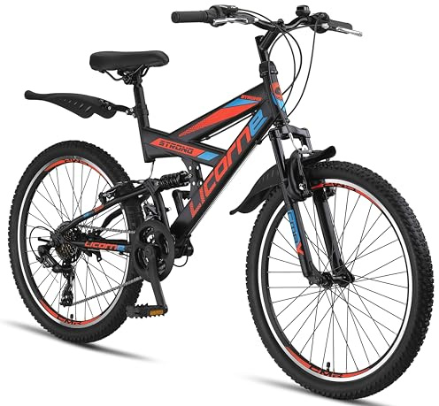 Licorne Bike VTT 26 Premium - Pour Garçons, Filles, Femmes et Hommes - Dérailleur Shimano 21 Vitesses - Suspension Complète - Vélo Robuste, Homme, Noir/Bleu/Orange, 24 Pouces