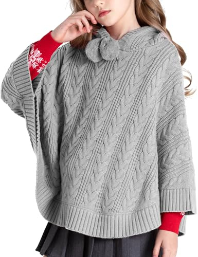 BOBOYOYO Cape for Girls Hooded Cable Knit Poncho Sweaters Kids Shawl Sweater Toddler Holiday Pullover for 3-12 Years Child Grey