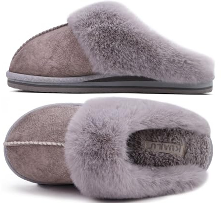 KuaiLu Womens Cozy Memory Foam Slippers Ladies Fuzzy Faux Fur Lined Warm Arch Support House Shoes Slip on Comfy Winter Scuff Indoor Outdoor Rubber Hard Sole Orthotic Plush Bedroom Grey Size 8