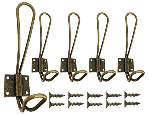 Mokife Percheros Antiguos de Pared, 5 Piezas Percheros Retro Ganchos Doble Metálicos con Tornillos para Colgar Abrigos Ropa Túnicas Toallas Bolsas Sombreros Gorras Llaves Bufandas Tazas, Bronce