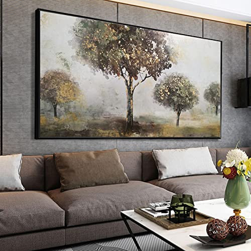 Abstrakte kaffeegrüne Bäume mit Goldfolie Ölgemälde auf Leinwand Moderne Landschaftswandkunst für Heimdekoration Bild 50x100cm(20x39in) mit Rahmen