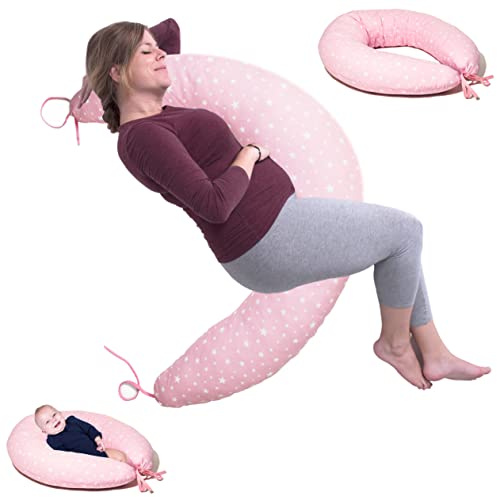ZK ZuresKa Cojin de Lactancia y Almohada Embarazada XXL (2 Metros). Cojín Lactancia Bebe con Funda Desenfundable y Lavable. Multiusos Maternidad. (1, Rosa_Estrellas, XXL)