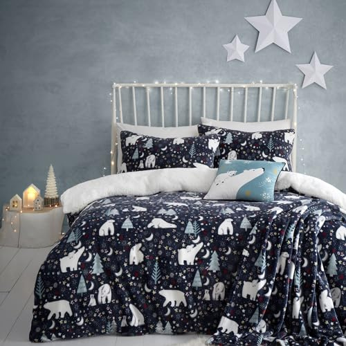Fusion Christmas Polar Bear Duvet Cover King Size Bed Starry Night Fleece Bedding (230x220cm) – Reversible – 2 Pillowcases – Navy Arctic Design – Festive Winter Bedding