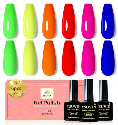 YSUVIN Semipermanente Unghie Neon, 6 Colori Verde Fluo Naranja Rosa Pequeño Azul Neon Smalto Semipermanente Unghie, Smalto Unghie Soak Off UV/LED Lampada Nail Art Set, 8ml