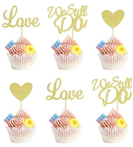 Arthsdite 24Pcs We Still Do Cupcake Toppers Glitter Love Heart Marriage Anniversary Cupcake Picks Bridal Shower Wedding Engagement Birthday Cake Decorations Supplies - Gold Glitter