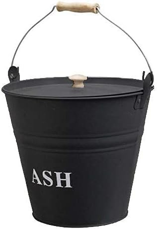 Unibos | Metal Ash Bucket With Lid Wooden Handle Fireplace Container Litre Black Coal | Wooden Handle & Lid Handle | Log Holder | Fireplace Fire Pit Wood Burning Stove Bin | 12L